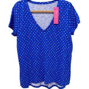 Lilly Pulitzer Etta V-Neck T-Shirt L Borealis Blue Lilly Squared Print NWT